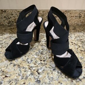 PRADA Women’s Black Elastic Suede High Heels Sandals, Size: 37 (US 7)